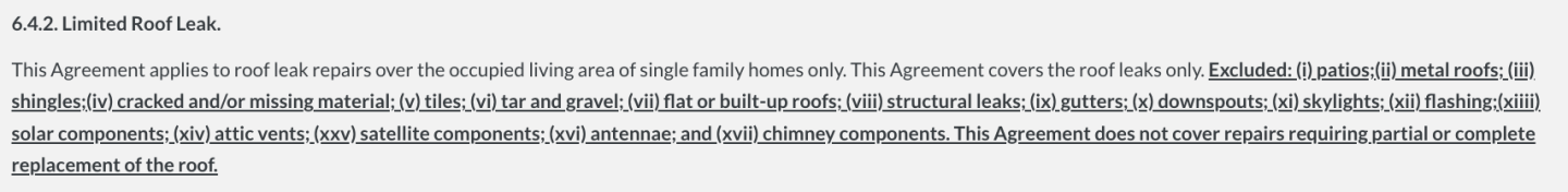 A clause from a service agreement that shows exclusions for a roof leak repair.